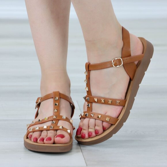 Tan Metal Stud Trendy Comfy Flat Gladiator Sandal Slip On Sliders - Picture 9 of 13